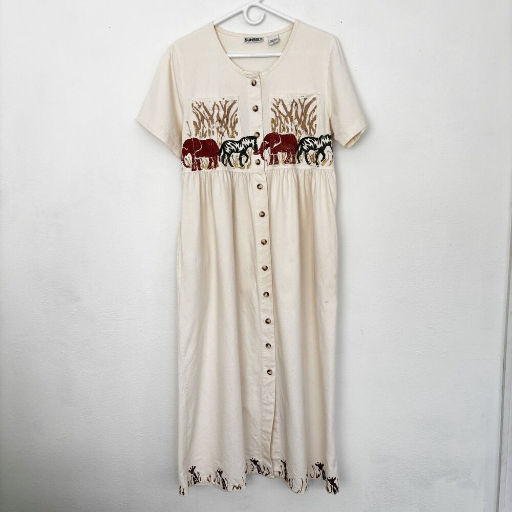 Womens Safari Print Artsy Boho Dress Small Y2K Vintage Novelty Whimsical Casual